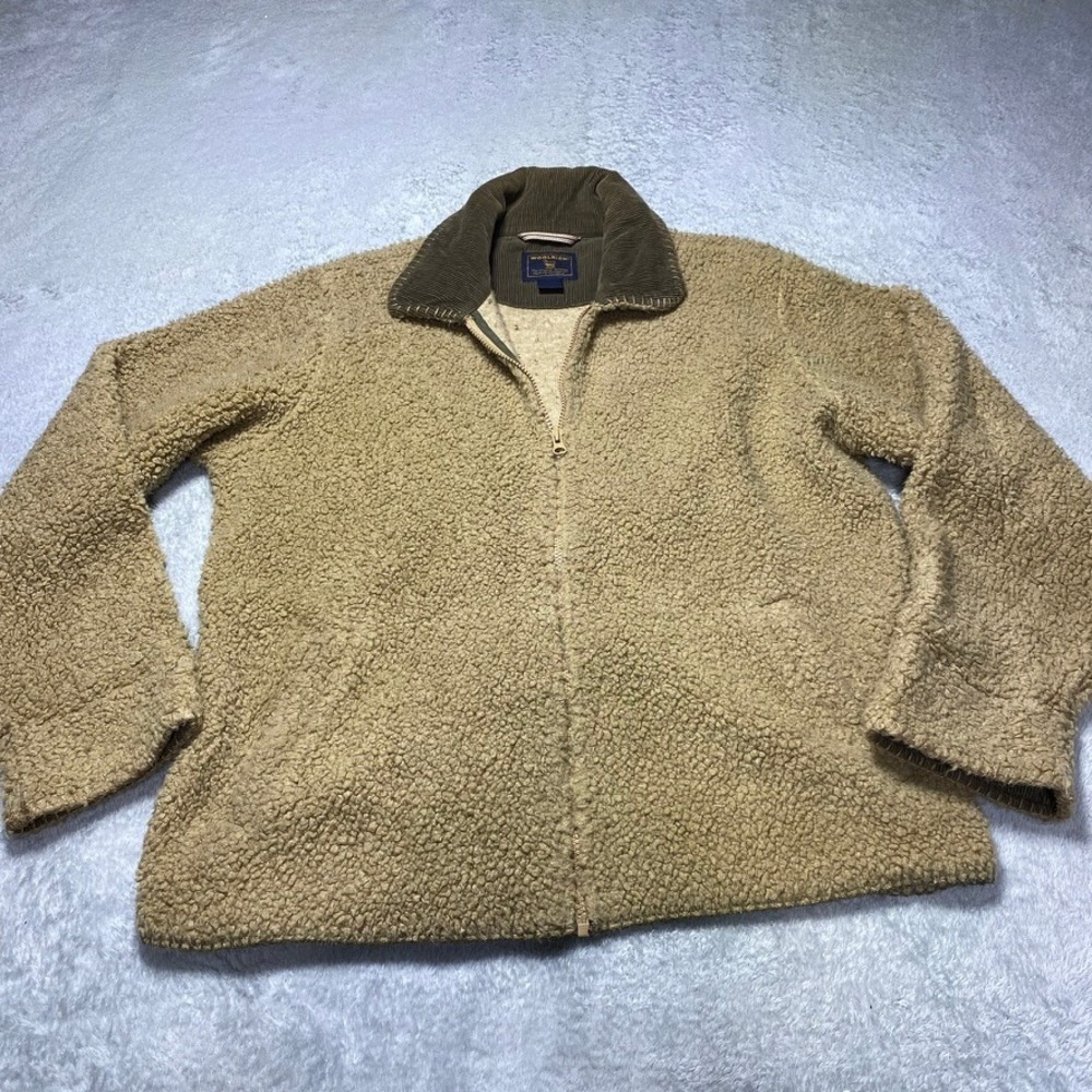 Woolrich Womens‎ Large Sherpa Fleece Jacket Tan Corduroy Trim Full Zip Outdoor